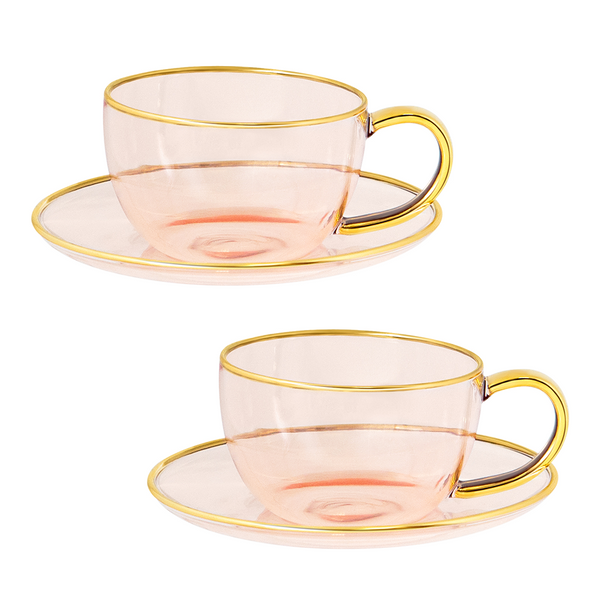 Rose Glass Teacup and Saucer Set of 2